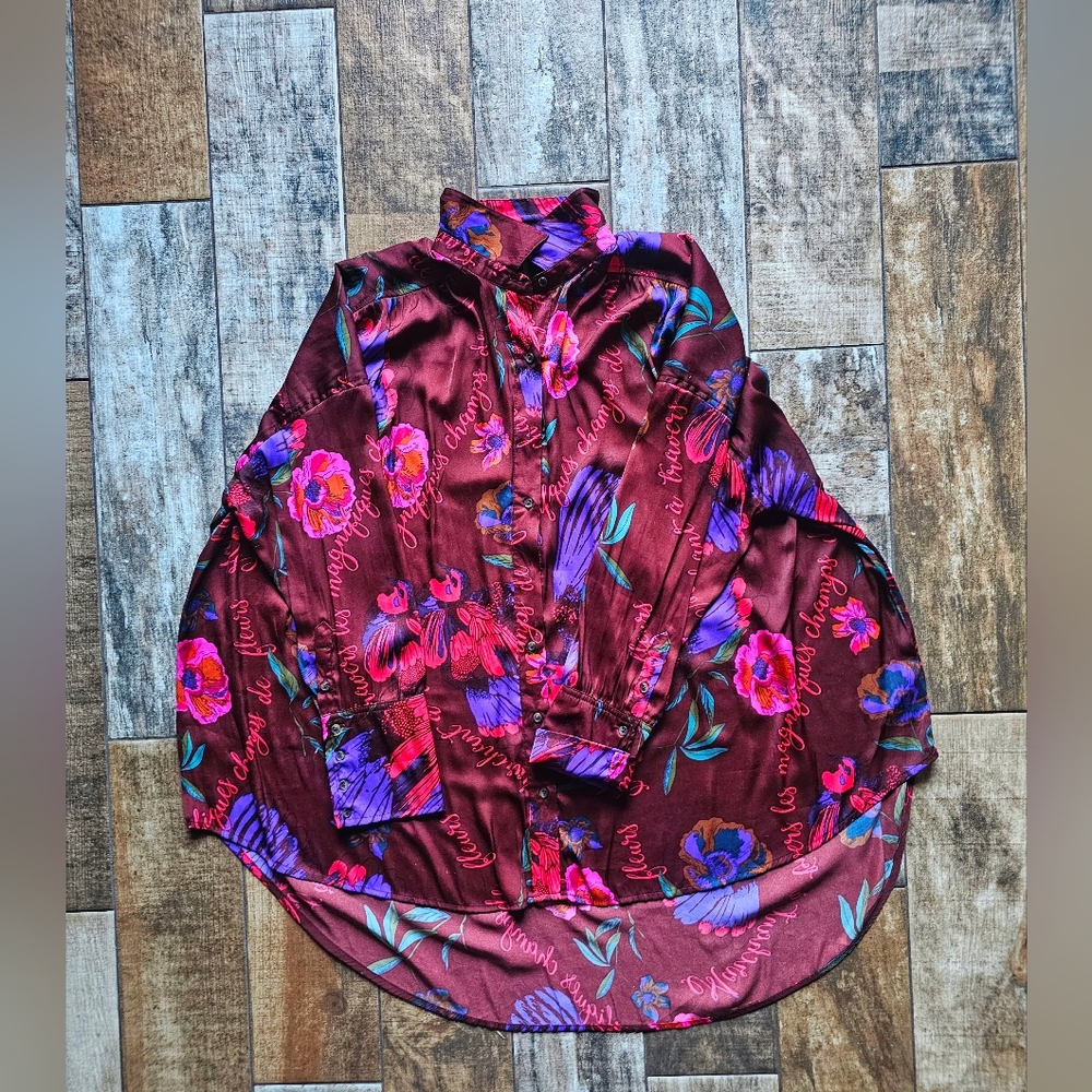Free People Satin Bird Floral Button Down Blouse Medium Moody Academia